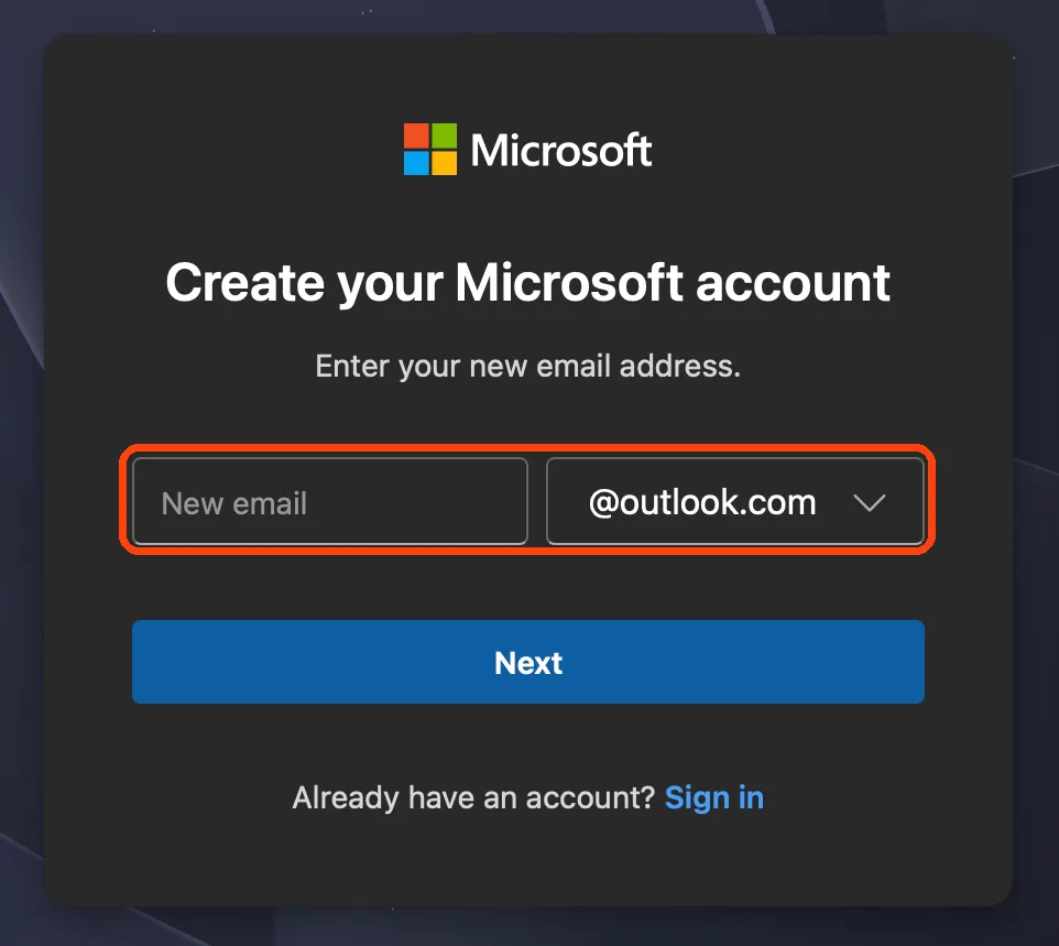 The Create your Microsoft account screen, with the New email box and the @outlook.com list highlighted.