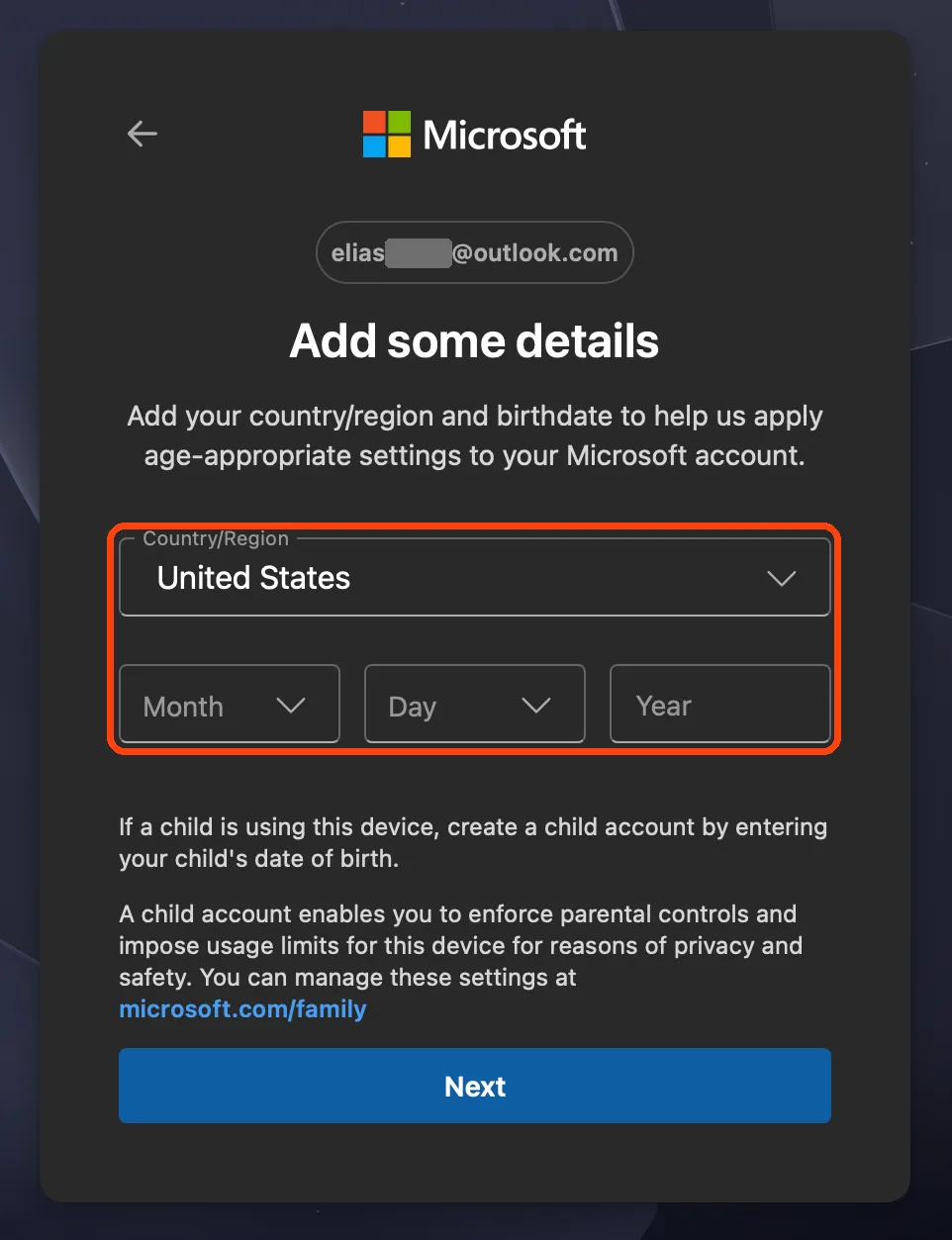 The Add some details screen, with the Country/Region list and the Month, Day and Year boxes highlighted.