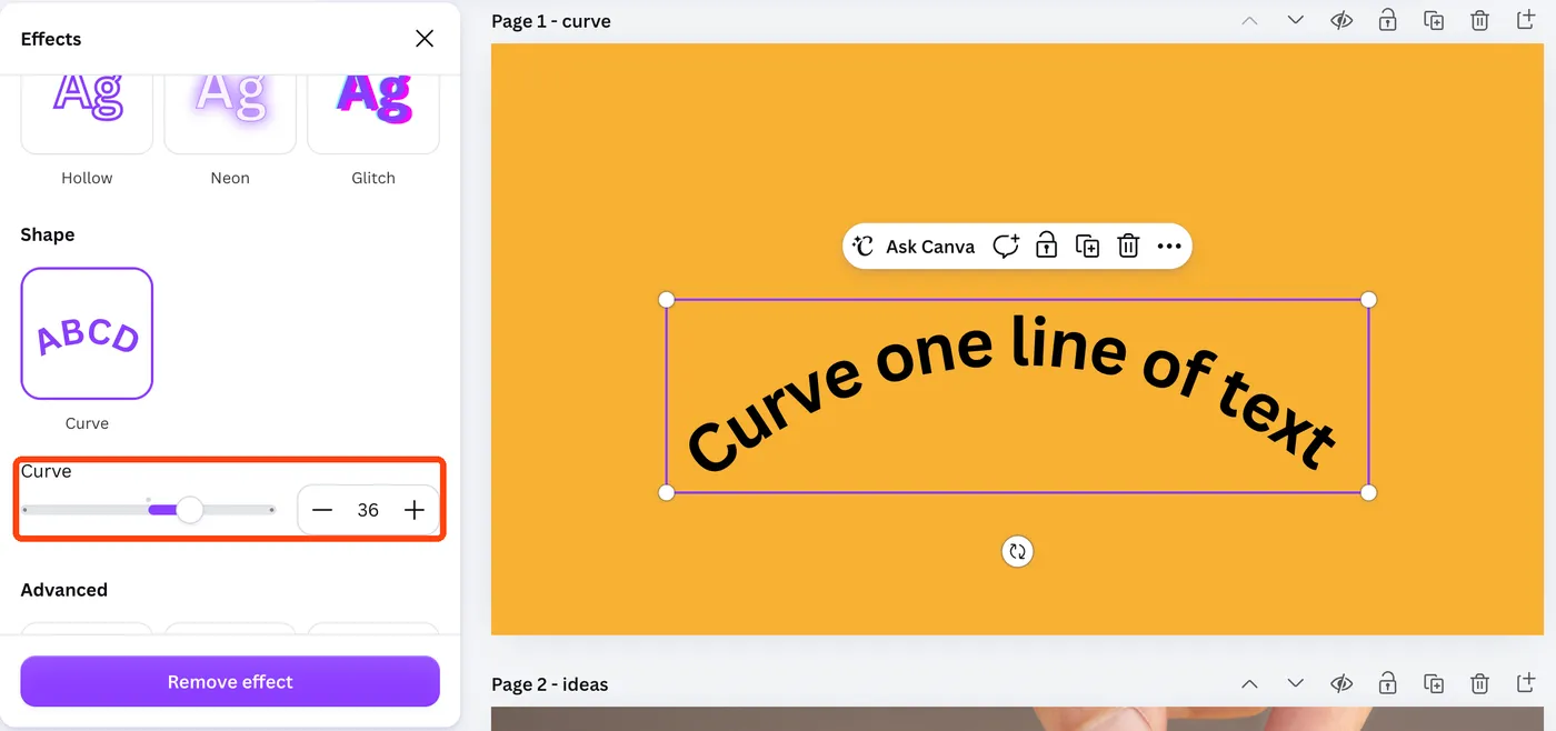 The Curve effect in Canva set to 36, with the Curve slider and value box highlighted and the text arched upwards.