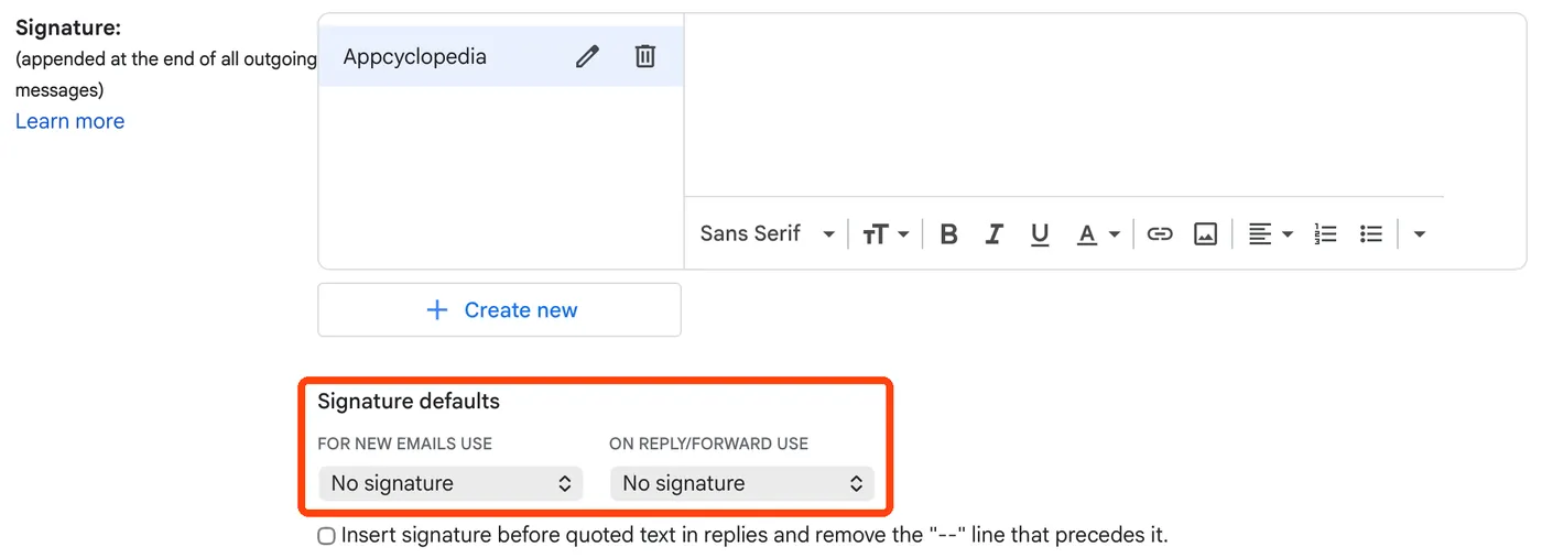 The Signature section of Gmail settings with one signature called Appcyclopedia, and the Signature defaults menus, For new emails use and On reply/forward use, highlighted.