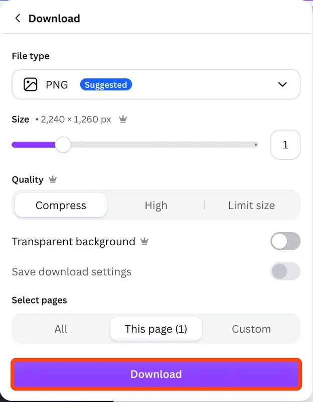 The Download panel in Canva with PNG chosen, and the Download button at the bottom highlighted.