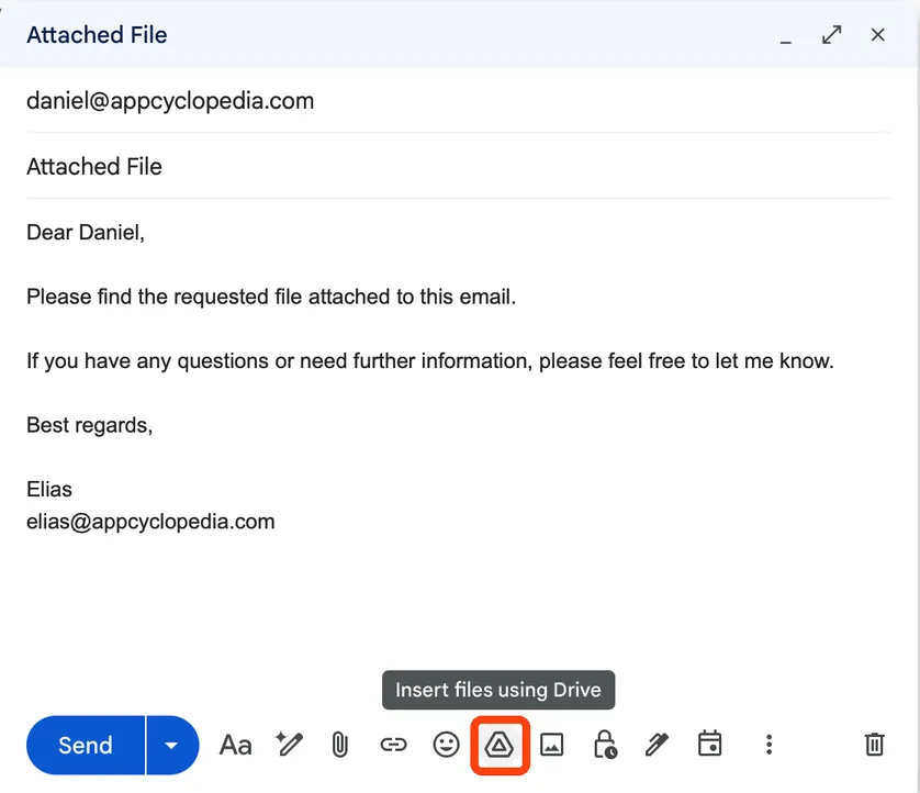 A new message in Gmail on a computer, with the Google Drive icon, Insert files using Drive, highlighted in the bottom toolbar.