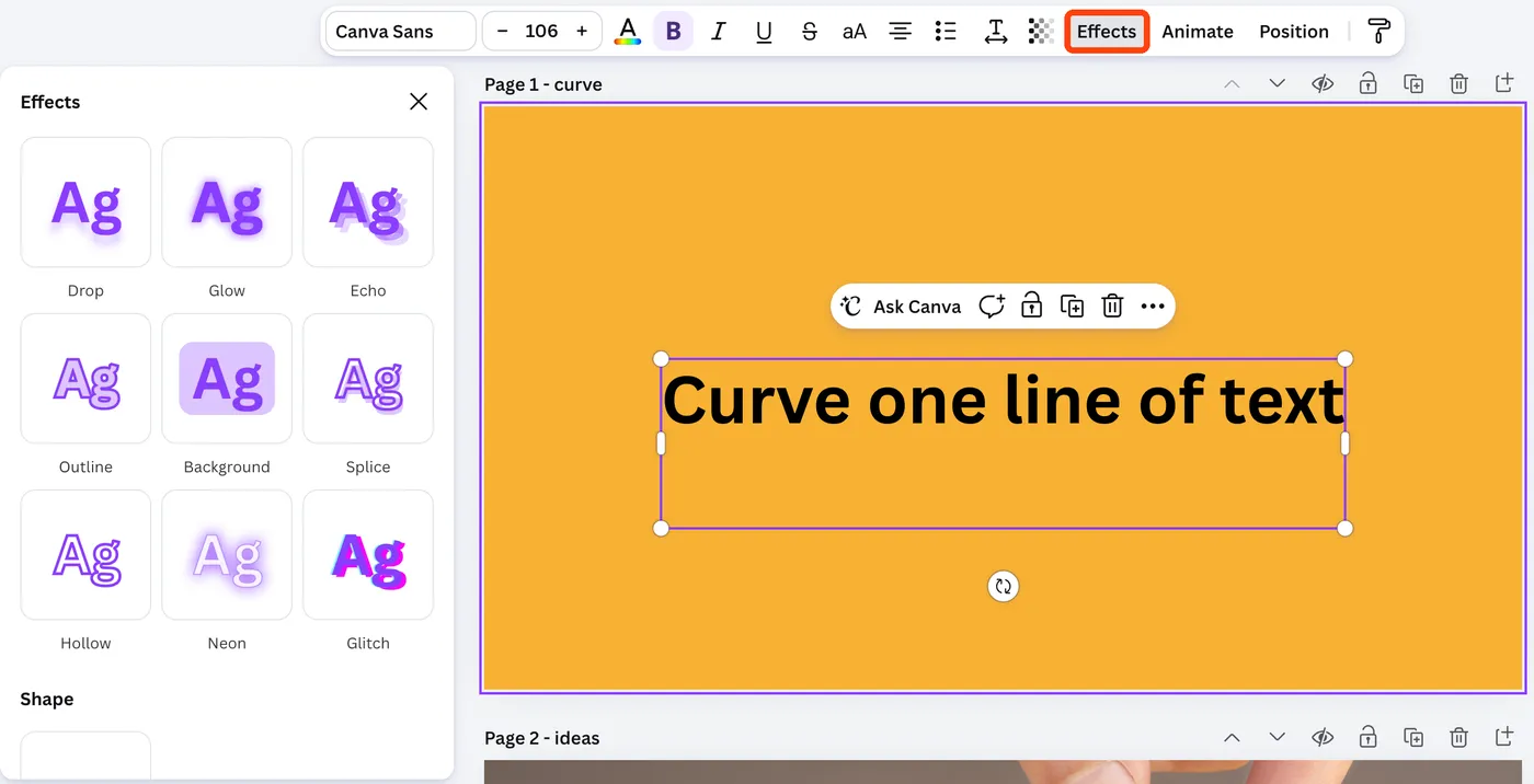 Canva with a text box selected, the Effects button in the toolbar highlighted and the Effects panel open on the left.