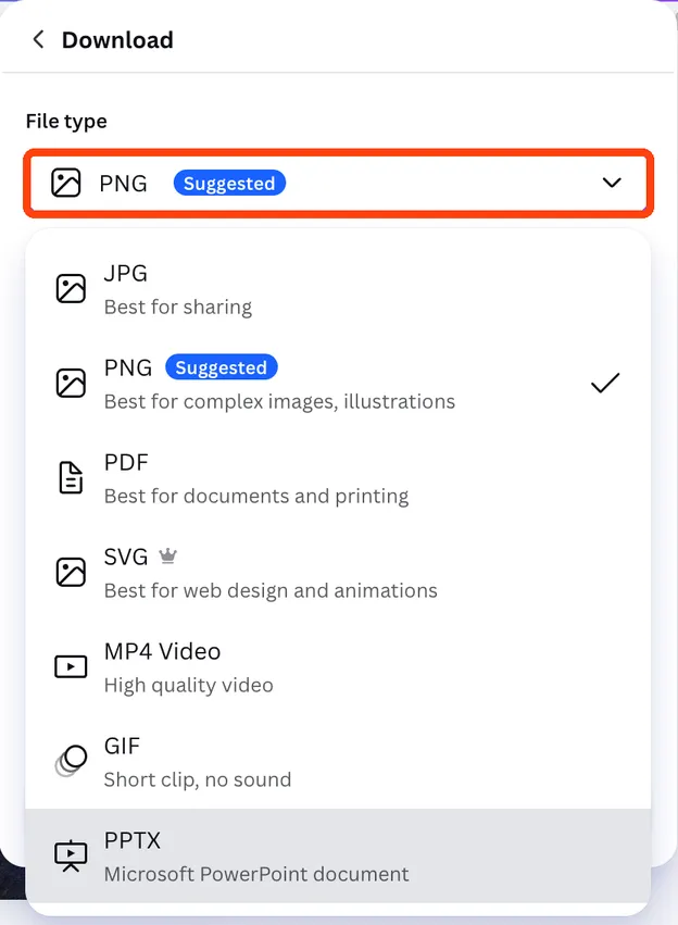 The Download panel in Canva with the File type list open, showing JPG, PNG, PDF, SVG, MP4 Video, GIF and PPTX.