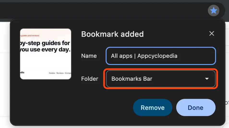 The Bookmark added box in Chrome, with the Folder list set to Bookmarks Bar highlighted.