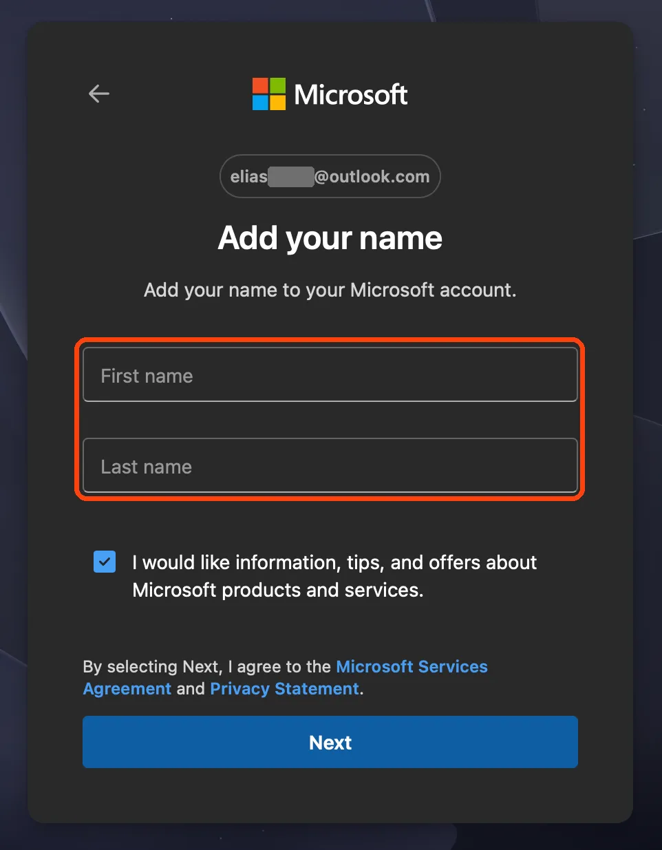The Add your name screen, with the First name and Last name boxes highlighted.