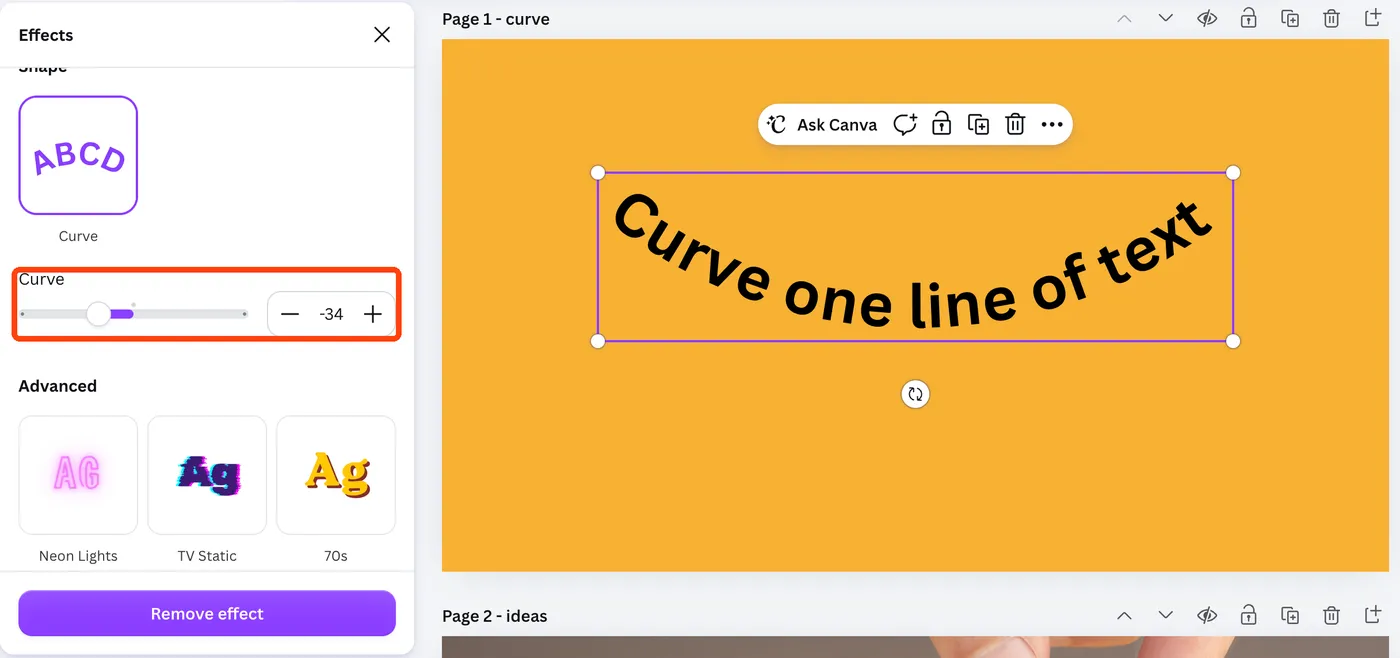 The Curve effect in Canva set to -34, with the slider highlighted and the text bent downwards.