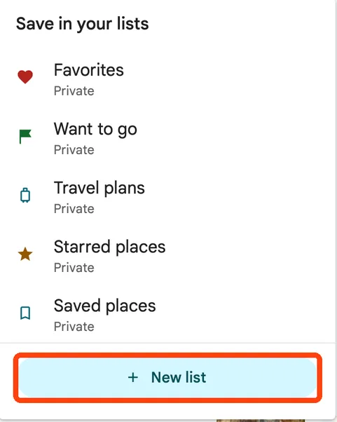 The Save in your lists menu in Google Maps, listing Favorites, Want to go, Travel plans, Starred places and Saved places, with the New list button highlighted.