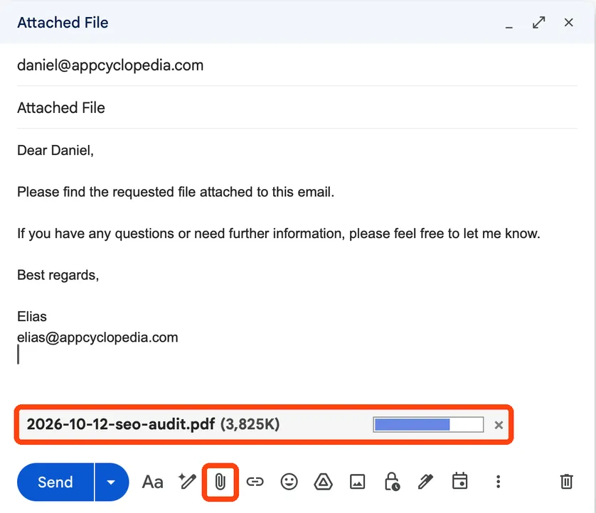 A new message in Gmail on a computer, with the paperclip icon in the bottom toolbar and the uploading PDF attachment and its size highlighted.