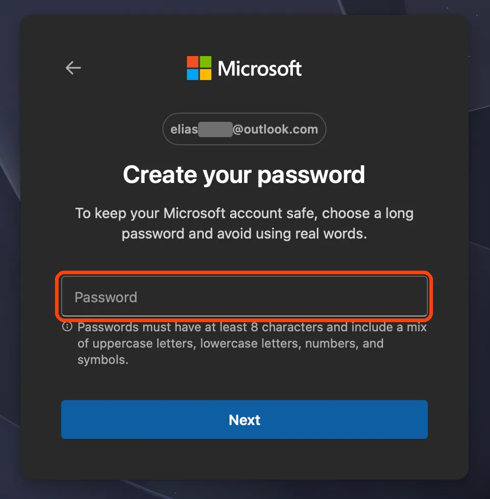 The Create your password screen, with the Password box highlighted.