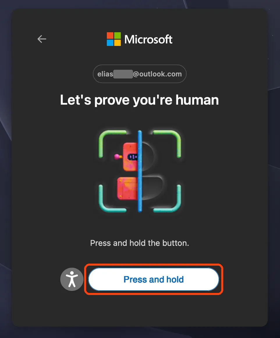 The Let’s prove you’re human screen, with the Press and hold button highlighted.