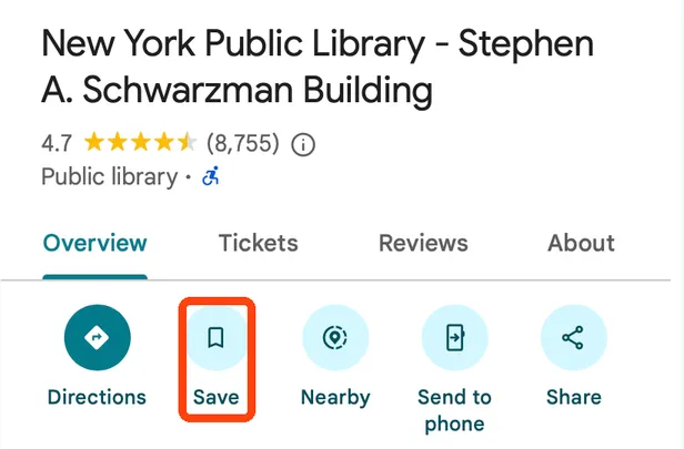 A place panel in Google Maps on a computer, with the Save button highlighted among Directions, Nearby, Send to phone and Share.