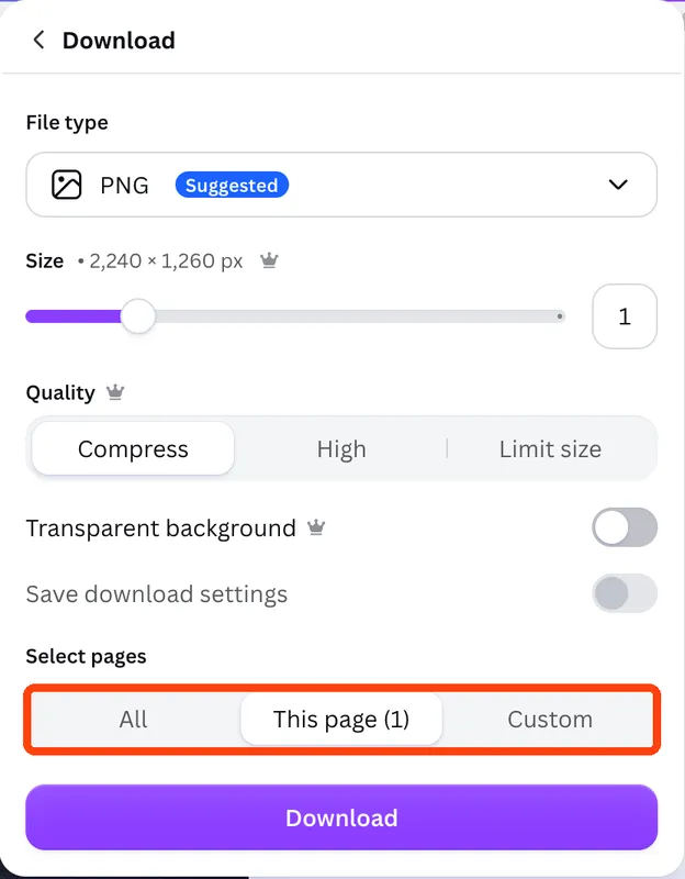 The Download panel in Canva, with the Select pages options All, This page and Custom highlighted.