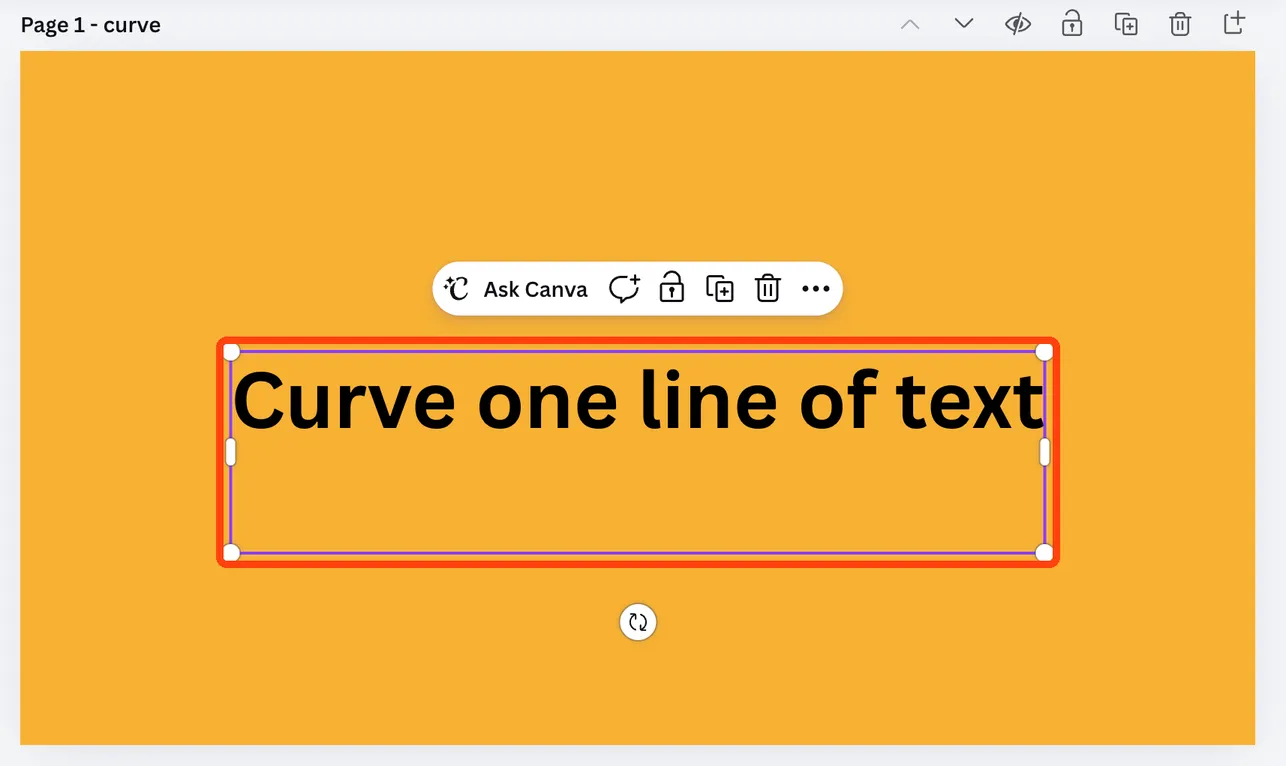 A Canva design with a one-line text box selected, a purple frame and handles around it.
