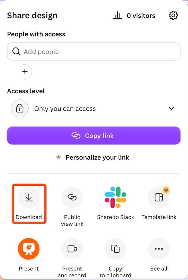 The Share design panel in Canva, with the Download button highlighted.