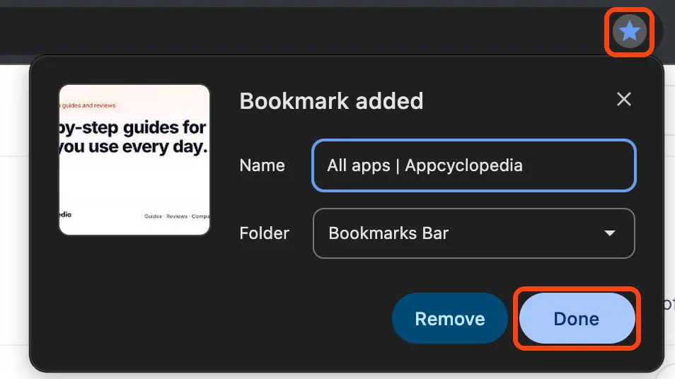 The Bookmark added box in Chrome, with the star in the address bar and the Done button highlighted.